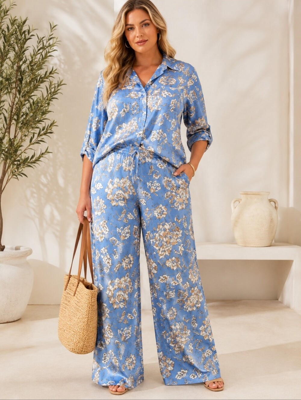 Roxy Earle Blue Floral Satin Mathcing Set